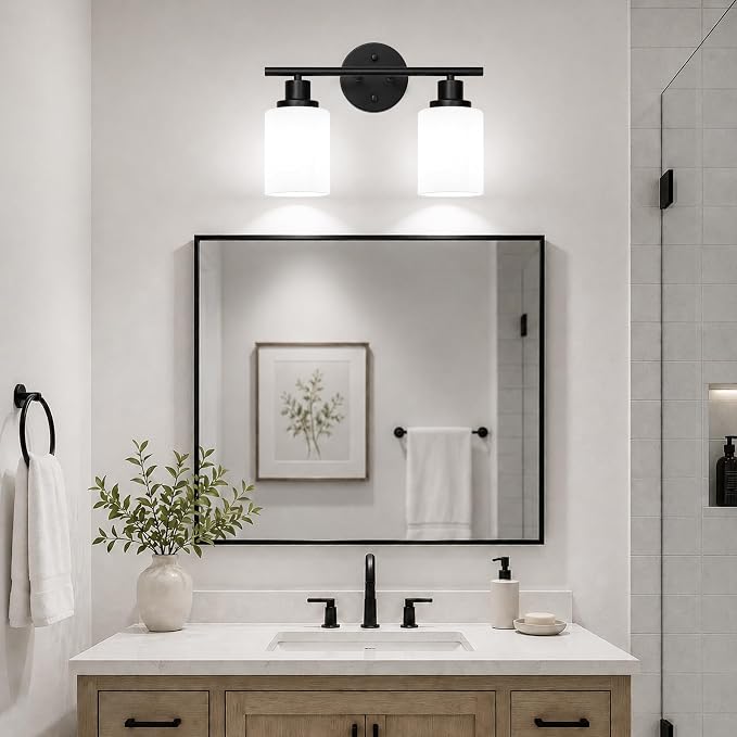 Unicozin 2 Light Bathroom Light Fixtures, Modern Vanity Lights with Milky Glass Shade, Black Wall Lamp Over Mirror for Bathroom, Living Room, Cabinet, Bedroom, E26 Base