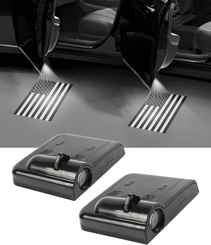 PAIYUE2PCS Car Door Lights,Car Accessories Wireless LED Logo Door Projector Light,Automotive Running Board Light Assemblies,Welcome Lights for Cars,Suitable for Most Cars (White American Flag)