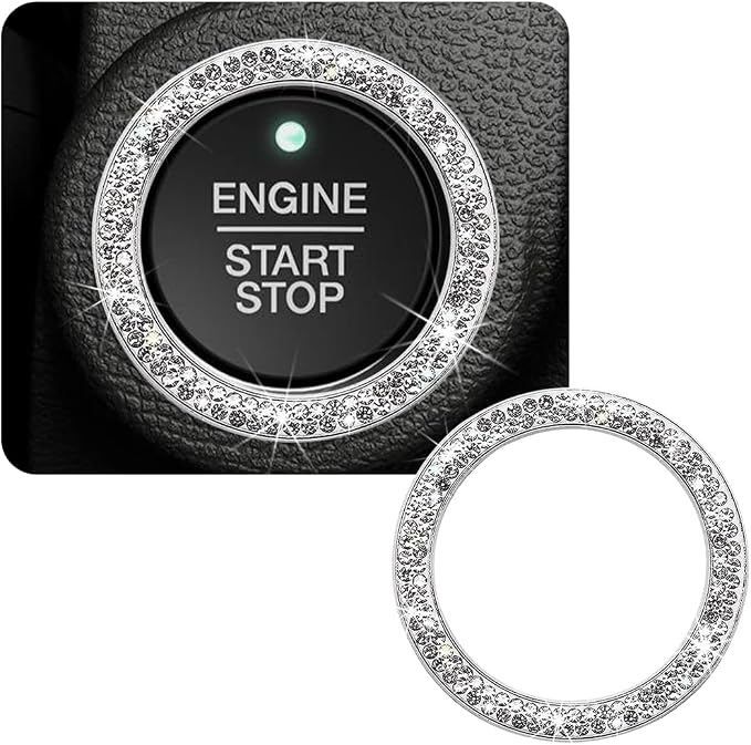 Car Bling Crystal Rhinestone Engine Start Ring Decals, Sparkling Diamond Car Push Start Button Ignition Ring Sticker, Auto Key Ignition Knob Ring Decoration for Women Girls (White)
