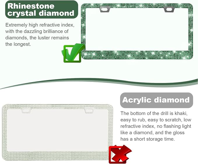 QUANQIUFEI 2 Pack Bling License Plate Frames for Women, Sparkly Rhinestone Diamond Car Accessories with Glitter Crystal Caps (Dark Green)