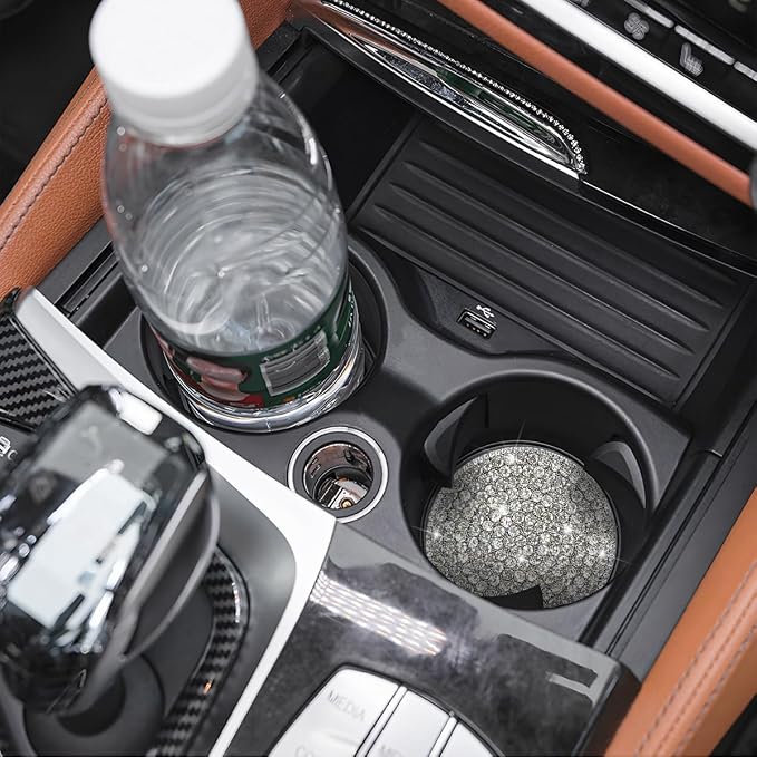 Bling Car Cup Holder Coaster, 2PCS 2.75 Inch Crystal Rhinestone Anti Slip Vehicle Drink Cup Mat for Women Girls, Auto Interior Embedded in Ornaments. Universal for SUV RV Truck (White)
