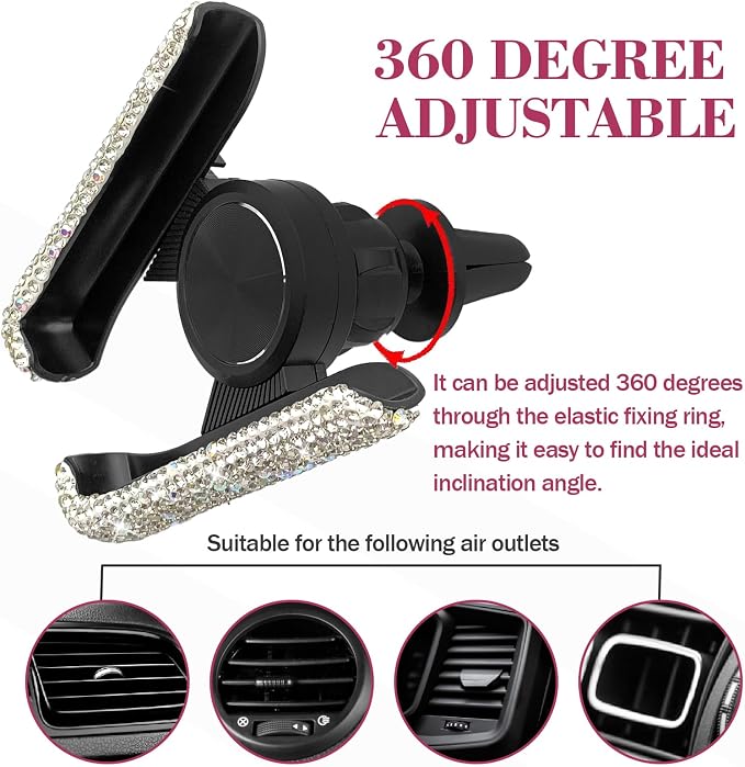 Bling Rhinestone Car Phone Holder, Mini Universal 360° Adjustable Auto Mount For Dash & Air Vent, Crystal Car Accessories For Women & Girls (White)