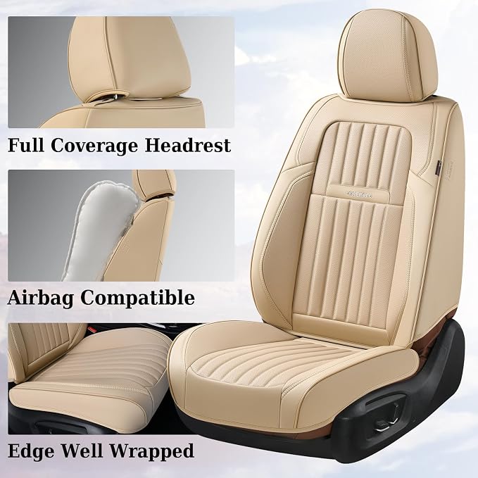 Coverado Car Seat Covers Front Seats, Car Seat Cover Beige, 2-Pack Car Seat Cushion Nappa Leather, Car Seat Protector, Waterproof Seat Covers Carseat Cover Universal Fit for Most Cars Trucks