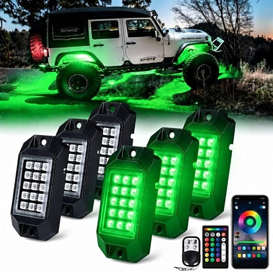 Xprite Bluetooth LED Rock Lights Kit, Multicolor Neon Accent Music Visibility Lighting Underglow Kits with RF Controller for Off-Road, Trucks, Cars, UTV, ATV, SUV, RZR, Motorcycles, Boats - 6 PCS