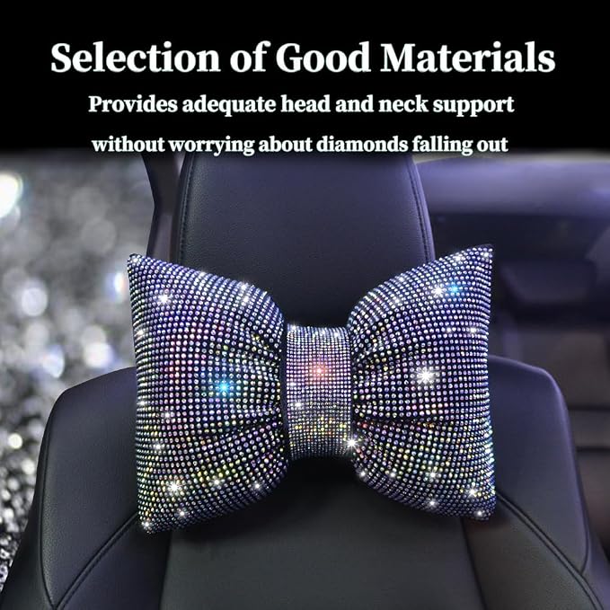 Bling Car Neck Pillow with Bow Tie Rainbow Crystal Rhinestone Diamond Automotive Accessories for Ladies and Woman Girls Driving Comfort Auto Seat Pillow for Driver Colorful 2Pcs