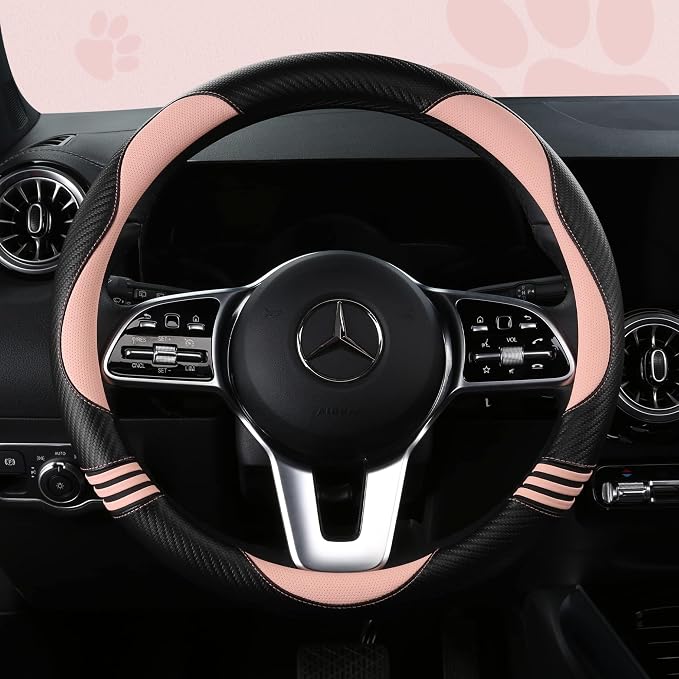 HighnessHwoo Car Steering Wheel Covers for Women Padded Carbon Fiber PU Leather Cute Auto Interior Accessories for Vehicle, Sedan, Universal, Anti Slip, Pink, Standard Size, 14.75-15.15in