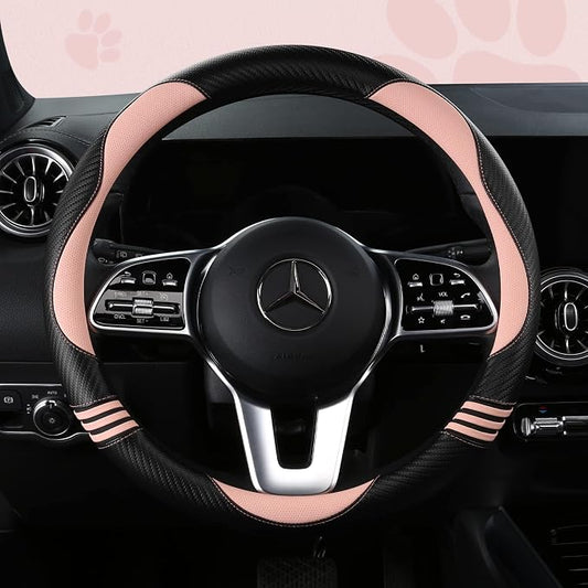 HighnessHwoo Car Steering Wheel Covers for Women Padded Carbon Fiber PU Leather Cute Auto Interior Accessories for Vehicle, Sedan, Universal, Anti Slip, Pink, Standard Size, 14.75-15.15in