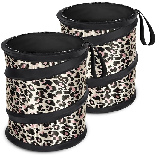 Car Trash Can, 2 Packs Mini Car Garbage Can, Collapsible Trash Bin | Pop-Up Trash Can for Front Back Seat, Portable Trash Bag Hanging for Vehicle SUV Rv Truck Accessories Interior, Leopard Print