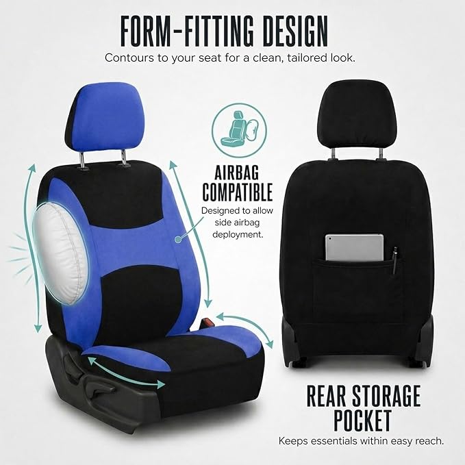 FH Group Full Set Cloth Car Seat Covers , Universal Fit Combo Set with Steering Wheel Cover and Seat Belt Pad for Cars, SUVs and Trucks, Blue