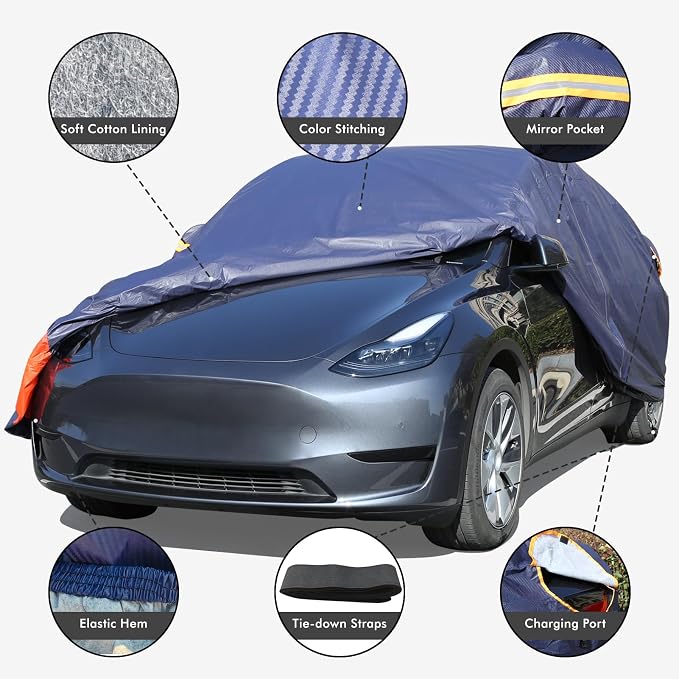 Tesla Model Y Car Cover Waterproof All Weather, 6 Layers Outdoor Full Exterior Cover Rain Sun UV Snowproof Protection with Zipper Cotton, Mirror Pocket and Charging Port