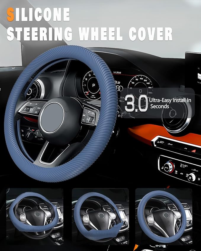 WOCOCN Car Steering Wheel Cover, Thin Anti-Skid Silicone Steering Wheel Cover for Men & Women, Universal Automotive Interior Accessories for Most Cars (Dark Blue)