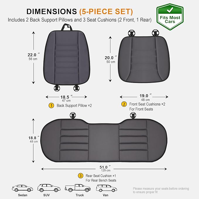kingphenix 5-Piece Car Seat Cushion Set with Back Support | Full Back Support Pillow and Seat Cushion for Long Driving, Road Trips, Truck, Van, SUV, Dark Grey