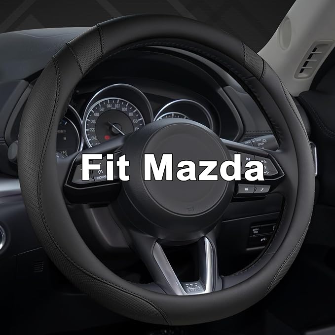 West Llama Car Steering Wheel Cover for Mazda 3,5,6,CX-3,CX-5,CX-30,CX-50,CX9,CX-9,MX-5 Miata,CX-7,RX-8,14.5-15 inches(Black-Standard Size)