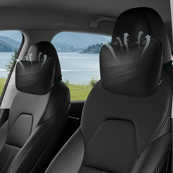 Upgraded Car Neck Pillow - Adjustable Height Headrest Cushion for Tesla Models 3/Y/S/X - Breathable Nappa Leather & High Elastic Pearl Cotton Interior 2 Pack Black
