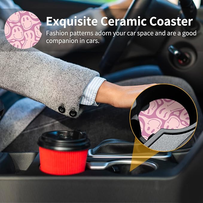 Car Coasters,Purple Smily Absorbent 2 Pack for Cup Holders with Finger Notch,2.56 inches Ceramics Heat Resistant Anti Slip Cork Base Car Drinks Coasters Auto Cup Holder(Pink Smily)