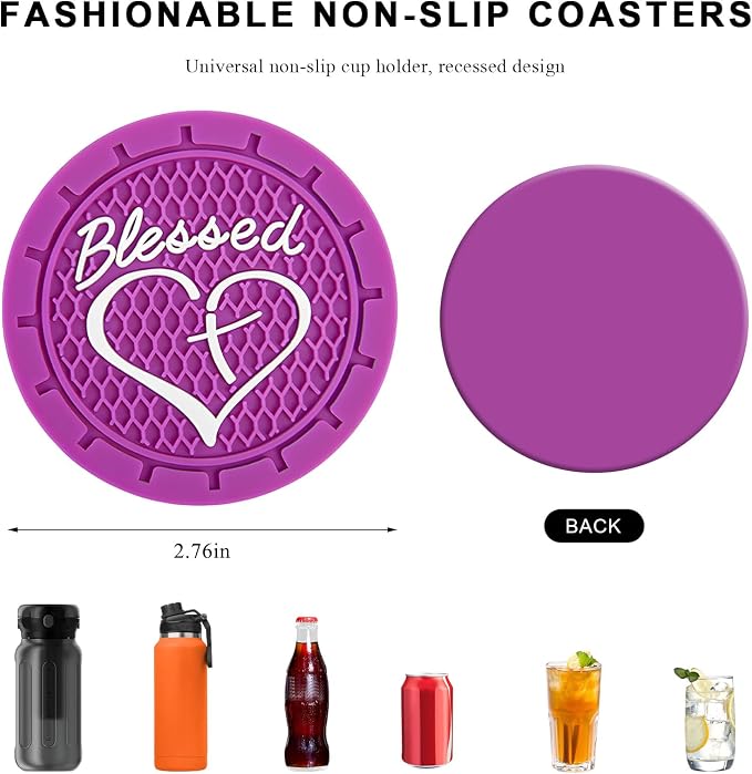 2 PCS Car Cup Holder Coaster, 2.76 Inch Soft PVC Non-Slip Blessed Cross and Heart Christian Car Cup Coasters, Auto Interior Shockproof Insert Drink Mat for Most Vehicles (Purple)