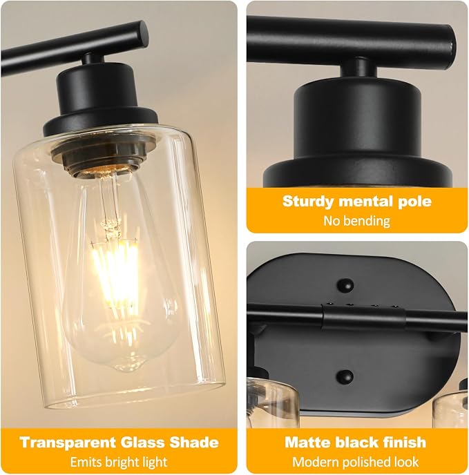 Unicozin Bathroom Light Fixtures, 4 Light Vanity Lights for Bathroom, Black Wall Lamp with Clear Glass for Mirror, Living Room, Hallway, Cabinet, E26 Base