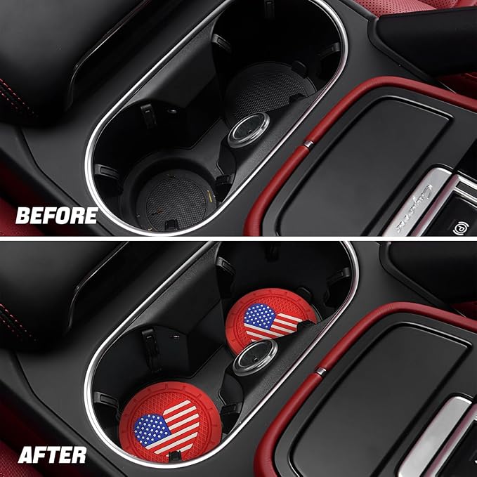 AUCELI 2 Pack Car Cup Holder Coasters, Colored American Flag US Flag Insert Car Cup Coaster, 2.75 Inch Anti Slip Shockproof Embedded Drink Mat, Vehicle Interior Decor Accessories