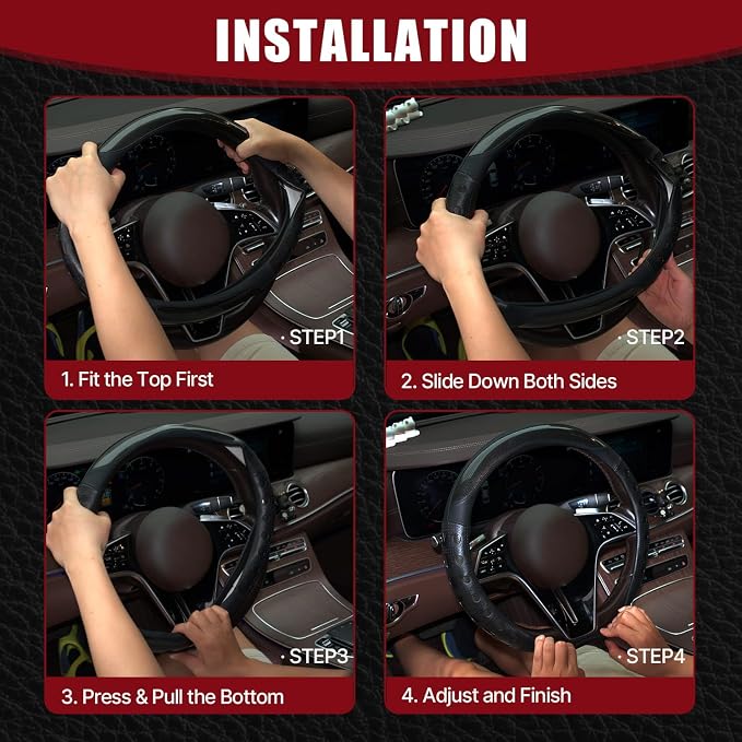 Hiseanllo Car Steering Wheel Cover, 14.5-15 Inch Universal Fit, Sporty Anti-Slip Leather Steering Wheel Protector with Glossy Color Accent, Comfortable Grip for Cars, SUVs, Trucks(Red)