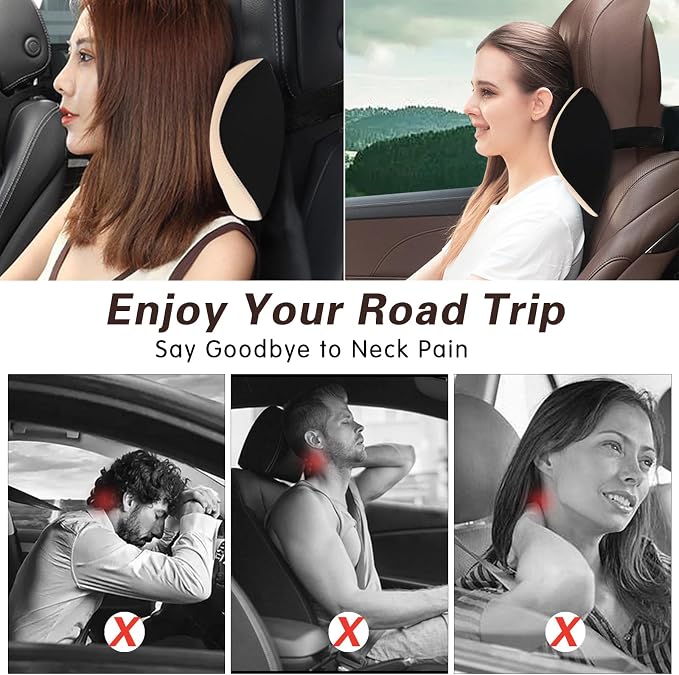 Make Restful Car Headrest Pillow, Car Pillow with Adjustable Strap, Beige | Breathable Removable Cover & Ergonomic Neck Support Cushion, Memory Foam Car Neck Pillow for Driving Fits Most Types of Seats