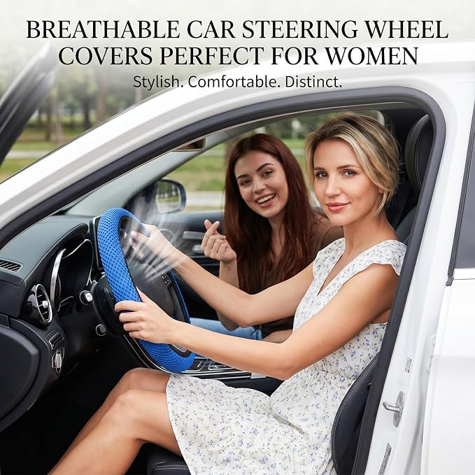 Mesh Ice Silk Cooling Car Steering Wheel Cover for Men Women,Summer Universal Breathable Stretch Anti-Slip Wheel Cover 14.5-15" for Cars, Trucks, Pickups, SUVs (Blue)