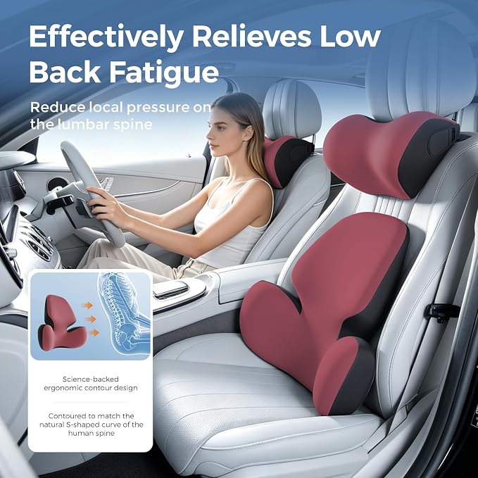 BEBAS Lumbar Support Pillow for Car, Memory Foam Back Cushion for Driving | Ergonomic Wing Wrapping, Back Pain Relief, Breathable Removable Cover, Softness, Universal Fit Car Seat, Office Chair