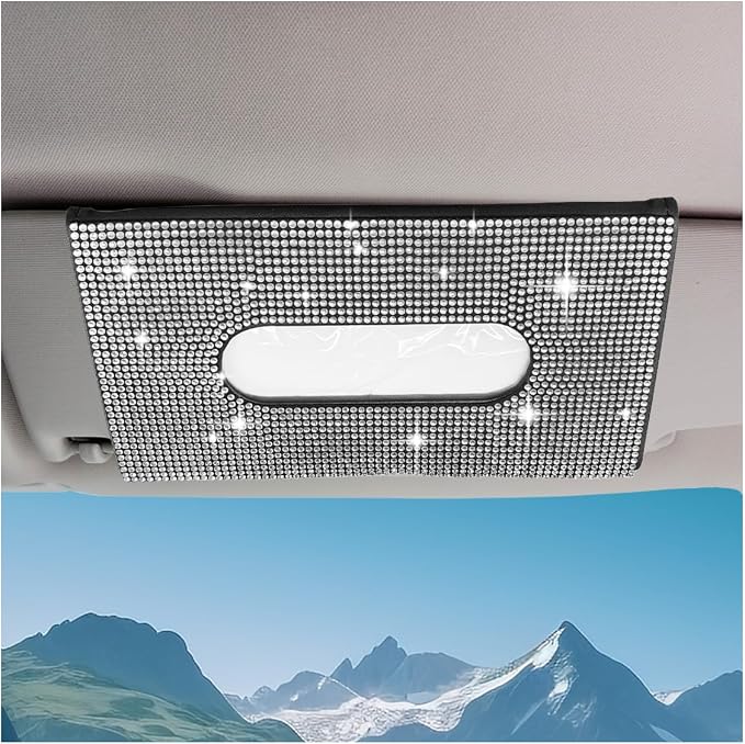 Bling Car Sun Visor Tissue Box Holder, PU Leather Auto Paper Towel Cover, Glitter Crystal Rhinestone Napkin Holder, Car Decoration Accessories for Women (Black/White)