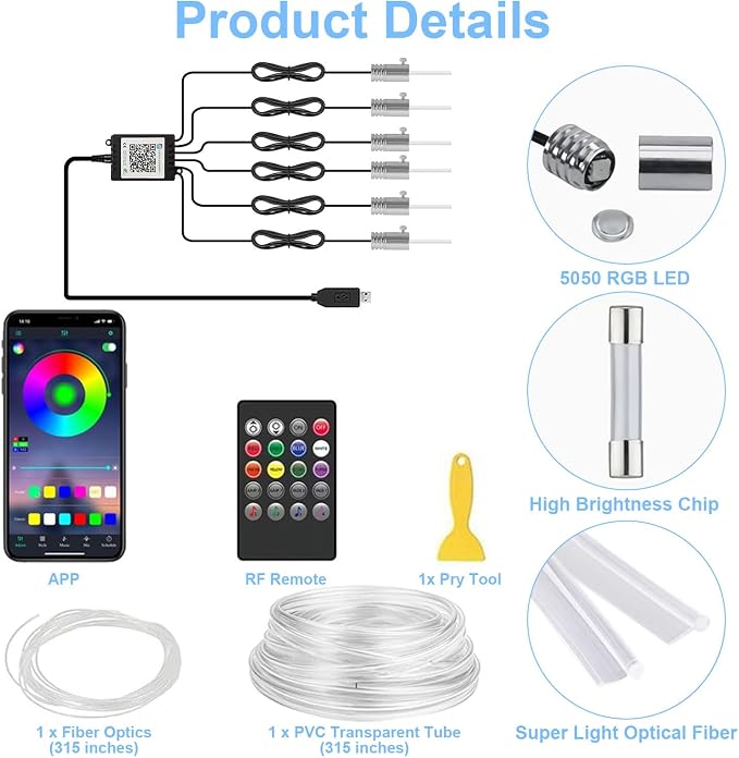 Interior Car Lights with APP/Remote Control RGB 6 in 1 Ambient Lighting Kit | 16 Million Color & 29 Preset Modes, USB Powered, With 315 Inches Fiber Optic, Music Mode Inside Car Lighting Accessories