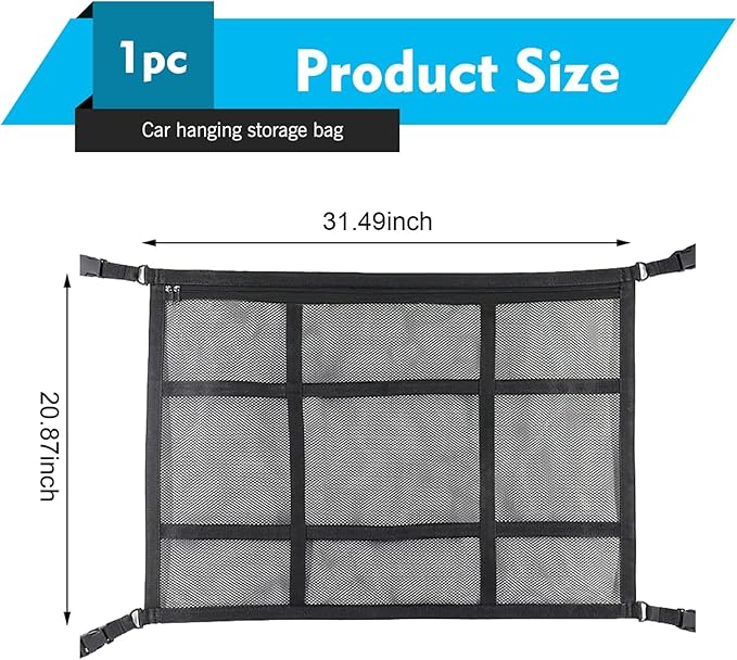 Car Ceiling Cargo Net, Double Layer Mesh Overhead Storage Organizer with Adjustable Straps, 20.87" x 31.5" Roof Storage Pocket for Camping Road Trips, Universal for Most Cars, SUVs (Black)