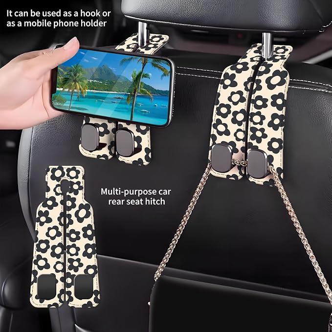 Car Seat Back Storage Headrest Hook, Premium Leather Double Metal Hook, Hanger Storage Organizer for Purse Cloth Bag, Car Interior Accessories Cute Black Daisy