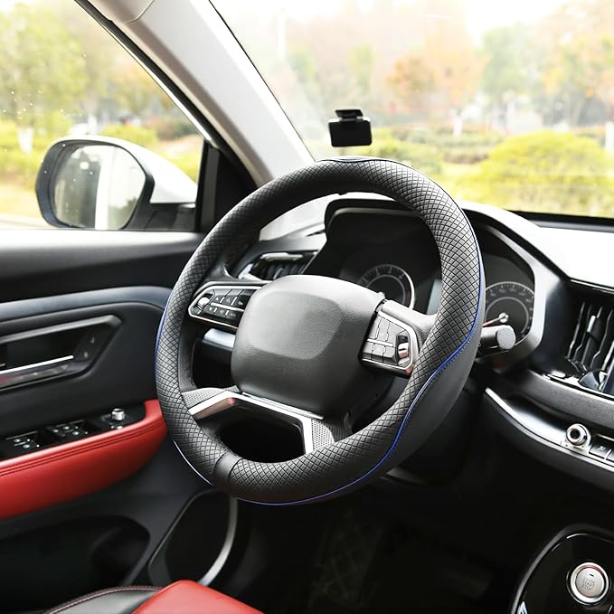 Rueesh Microfiber Leather Steering Wheel Cover Anti-Slip Matte Finish Auto Car Wheel Cover Universal 15 Inch Wheel Cover for Car Embossing Pattern Blue Line