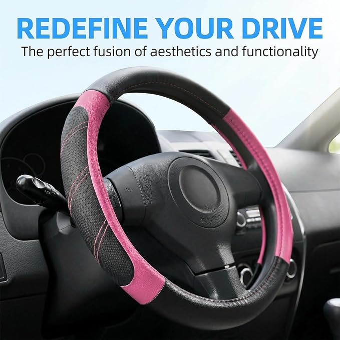 Osilly Car Steering Wheel Cover, 14.5-15" Leather Breathable Anti-Slip Stylish Steering Wheel Protector, Comfortable Auto Interior Decoration Accessories, Universal for SUV Van Truck (Black Pink)