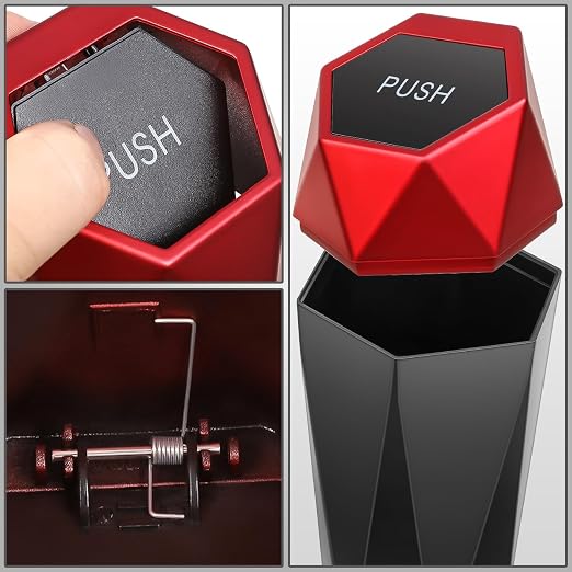 DNA Motoring Mini Car Auto Trash Can with Removable Lid, Leakproof Mini Garbage Bin for Automotive Home Office,Black/Red,ZTL-OD-01-RD