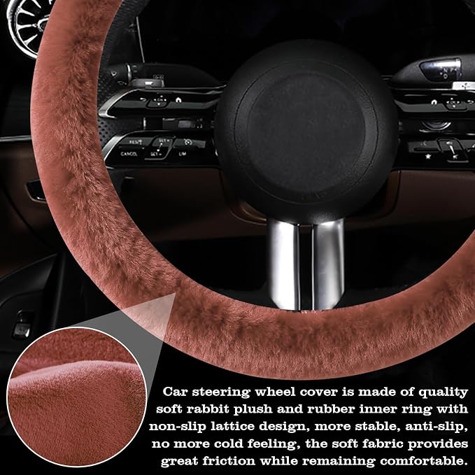 Furry Warm Steering Wheel Cover, Universal 14.5-15 Inch Winter Plush Warm Steering Wheel Cover, Soft Fluffy, Anti-Slip Design, Soft Texture (Coffee)