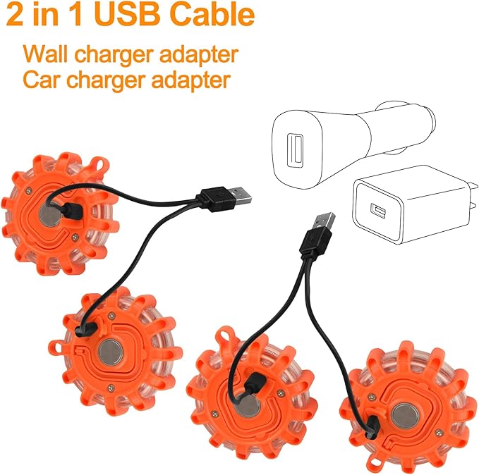 VANCLE USB-C Rechargeable LED Road Flares Roadside Emergency Light, Safety Warning Flashing Flare Beacon Disc Strobe Traffic with Magnetic Base for Construction Vehicles Truck Boat (Red,2 Pack)