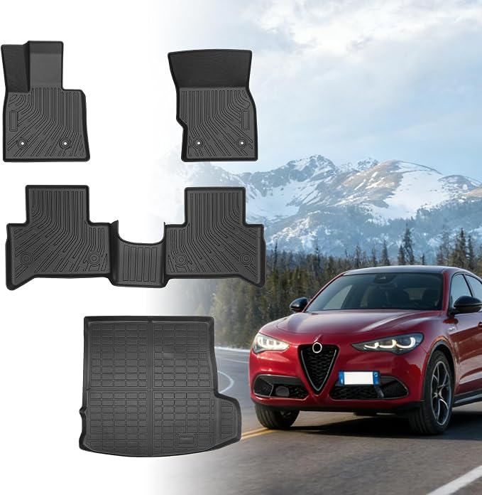 Floor Mats for Alfa Romeo Stelvio & Stelvio Quadrifoglio 2018-2025 | Floor Mats for Stelvio Base Ti Veloce, 2 Row Floor Mats & Cargo Mat(with Subwoofer), TPE Anti-Slip Stelvio Mats Accessories