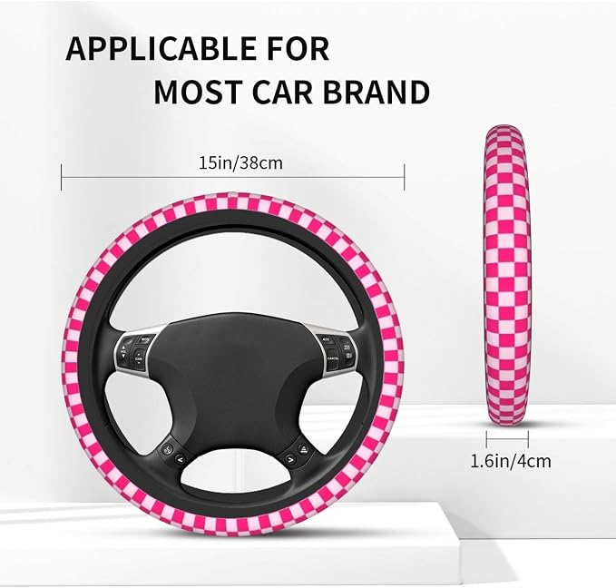 Pink Checkered Steering Wheel Cover - Pink Checkered Steering Wheel Cover Anti-Slip Breathable for 15 in Universal 2 Pcs Car Interior Cup Holder Pad for Men Women
