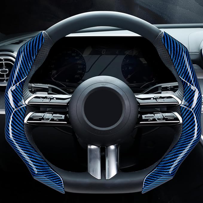 Carbon Fiber Steering Wheel Cover 2PCS Segmented Clip-on Protector (Blue) | Universal Fit, Anti-Slip Lining, Sporty Style, Car Interior Accessory for Men and Women