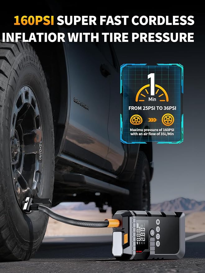 Portable Battery Jump Starter with Air Compressor for Car | 12V Jump Box with 160PSI Tire Inflator for Car Battery, LED Display for All Gas & 12L Diesel Engines, Light, Jumper Cables