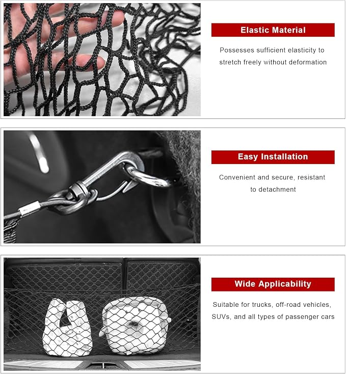 Stretchable Cargo Net, 43.3×15.7 Inch Highly Elastic Auto Trunk Bed Cargo Mesh Organizer with Hooks, Double-Layer Trunk Storage Net Interior Accessories for Car Truck SUV