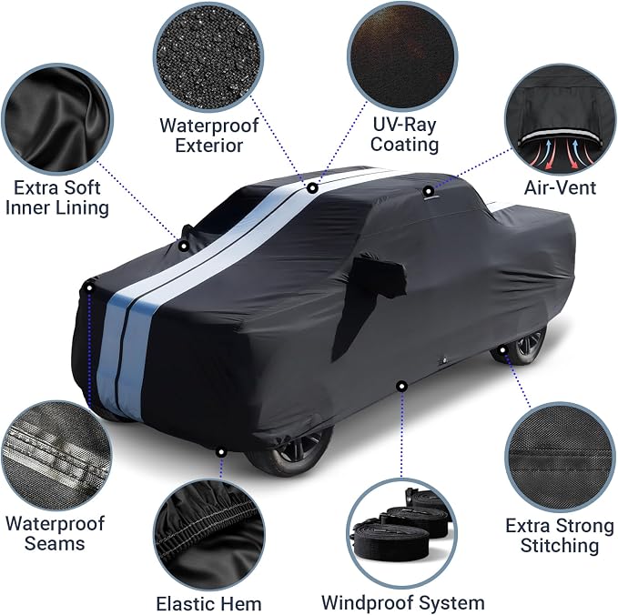 iCarCover Premium Heavy Duty Truck Car Cover - Waterproof All Weather Rain Snow UV Protection, F-150 Super, Ram 1500 Crew, Silverado 1500, Sierra 1500, Size T85 (See Size Chart), Stripe - Black/Gray