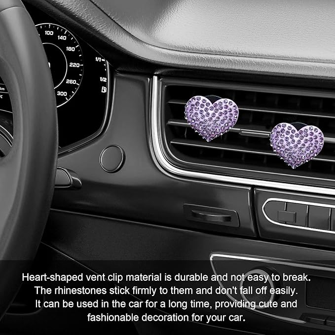 2Pcs Bling Crystal Heart Charms Car Air Vent Clips, Universal Car Interior Decoration Accessories (Purple)