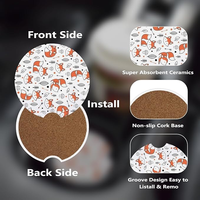 Car Cup Holder Coasters, 2 Pcs Ceramic Coasters with Cork Back and Finger Slot, Anti-Slip Shock Absorbing Women and Men Universal Car Accessories - Smart Fox