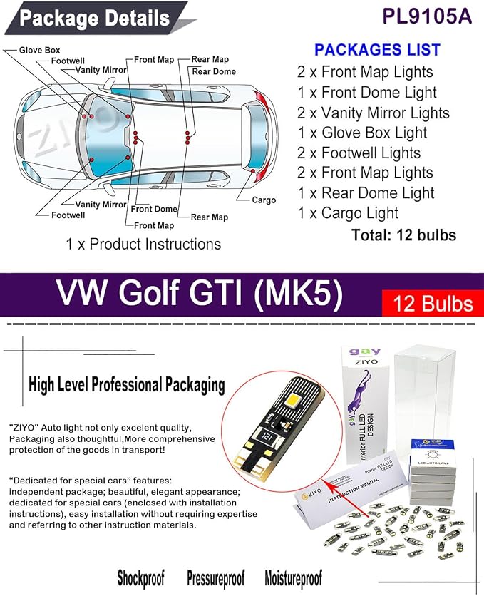 PL9105A - LED Interior Light Kit Package Replacement for Volkswagen Golf GTI MK5 2004-2008, Xenon White Dome Light Bulbs Upgrade Error Free (MK5 2004-2008 (12 Bulbs))
