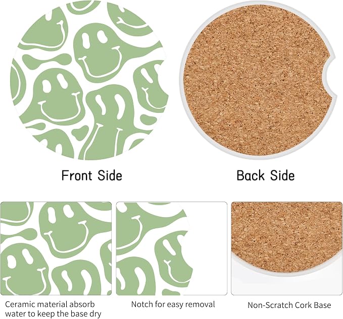 Car Coasters,Purple Smily Absorbent 2 Pack for Cup Holders with Finger Notch,2.56 inches Ceramics Heat Resistant Anti Slip Cork Base Car Drinks Coasters Auto Cup Holder(Pale Green face)