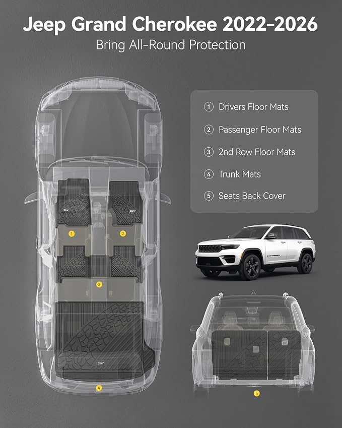 3W Floor Mats & Cargo Liner & Seatback Mats Fit for 2022-2025 2026 Jeep Grand Cherokee WL/4xe 5-Seat Only, (NOT for WK2 or L), TPE All Weather Heavy Duty Car Accessories