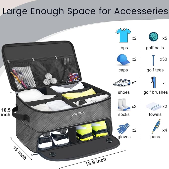 YOREPEK Golf Gifts for Men, 2 Layer Golf Trunk Organizer for 2 Pair Shoes | Waterproof Car Trunk Locker with Separate Ventilated Compartment for Balls, Tees, Clothes, Gloves, Birthday Gifts for Golfers