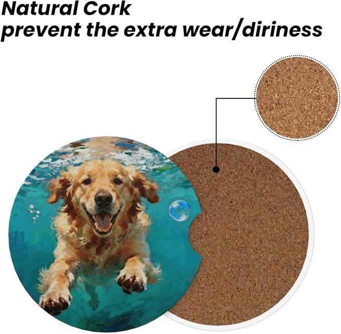Golden Retriever Underwater 2 Pack Car Cup Holder Coasters Absorbent Ceramic Drink Coasters 2.56" Anti Slip Cup Mat with Cork Base and Finger Notch Auto Accessories Interior for Women Men