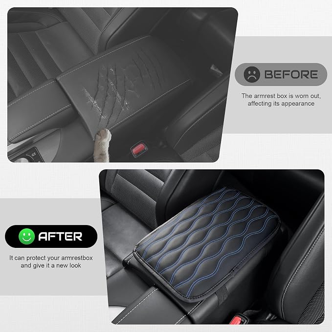 Amiss Car Center Console Cover, Upgraded Leather Car Armrest Cushion, Universal Waterproof Cushion Pad, Non-Slip Car Interior Accessories, Fits Most Sedans SUVs Trucks (Blue Line)