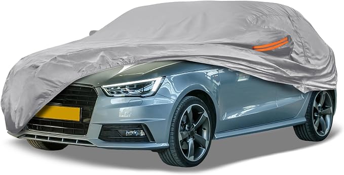 Silver Tone Heavy Duty Waterproof Car Cover for Sedan 169"-175" - All-Weather UV Protected Outdoor Full Exterior Cover with Sun/Snow/Rain Resistance